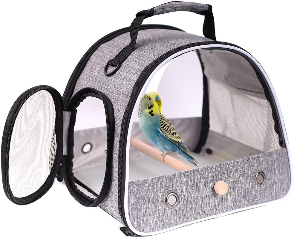 Small Bird Travel Carrier, Portable Bird Travel Cage for Parakeet, Parrot, Budgie, Guinea Pig, Bearded Dragon Reptile Carrier for Hiking Vet Visit Bicycle Ride (Grey)