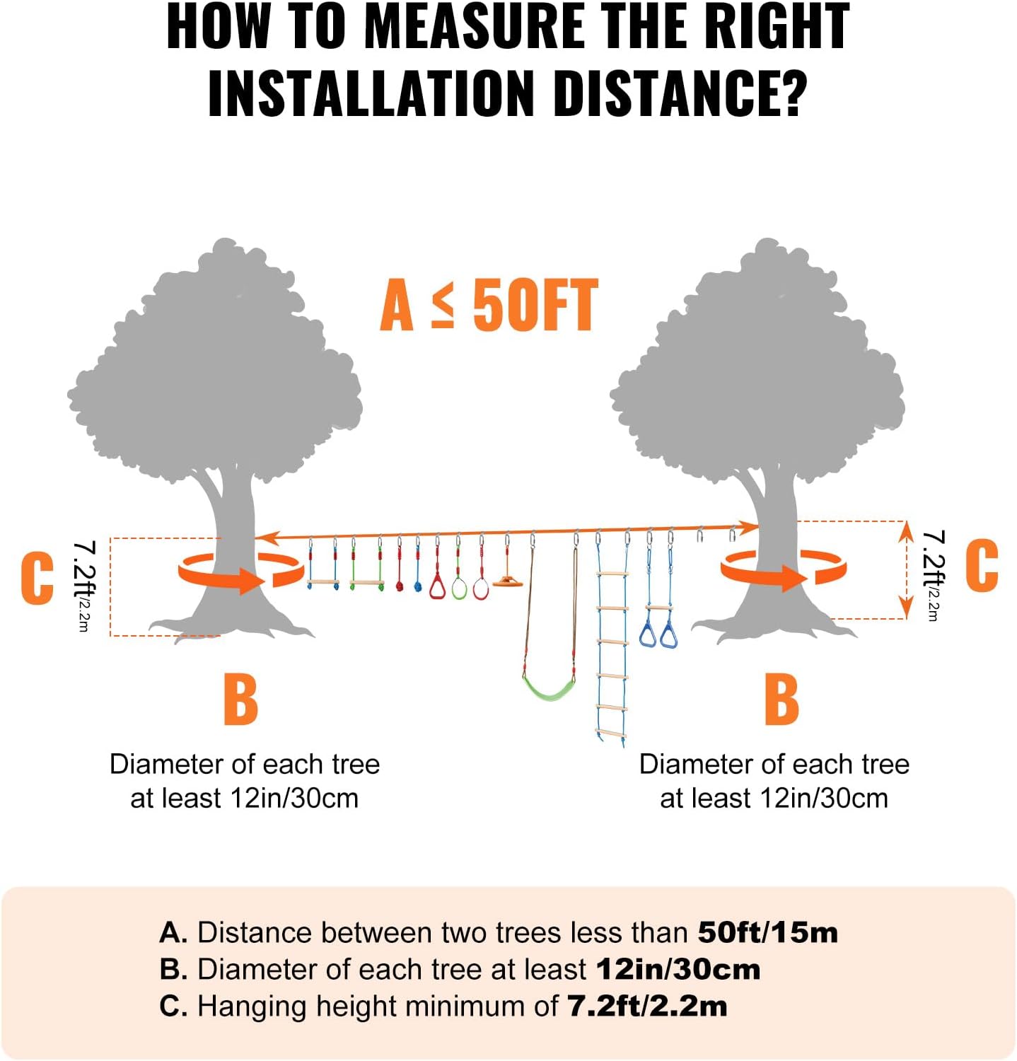 VEVOR Ninja Warrior Obstacle Course for Kids, 1 x 50 ft Weatherproof Slacklines, 500lbs Weight Capacity Monkey Line, Outdoor Playset Equipment, Backyard Toys Training Equipment Set with 10 Obstacles