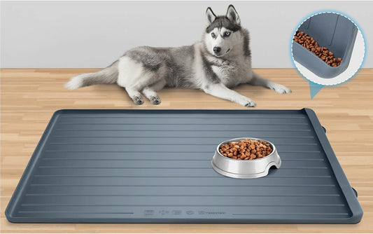 Dog Feeding Mat - 39''x27'' Large Silicone Pet Food Mats with Residue Collection Pocket and High Edges, Floors Waterproof Dog Cat Bowl Mat Prevent Water Food Spills, Dark Grey