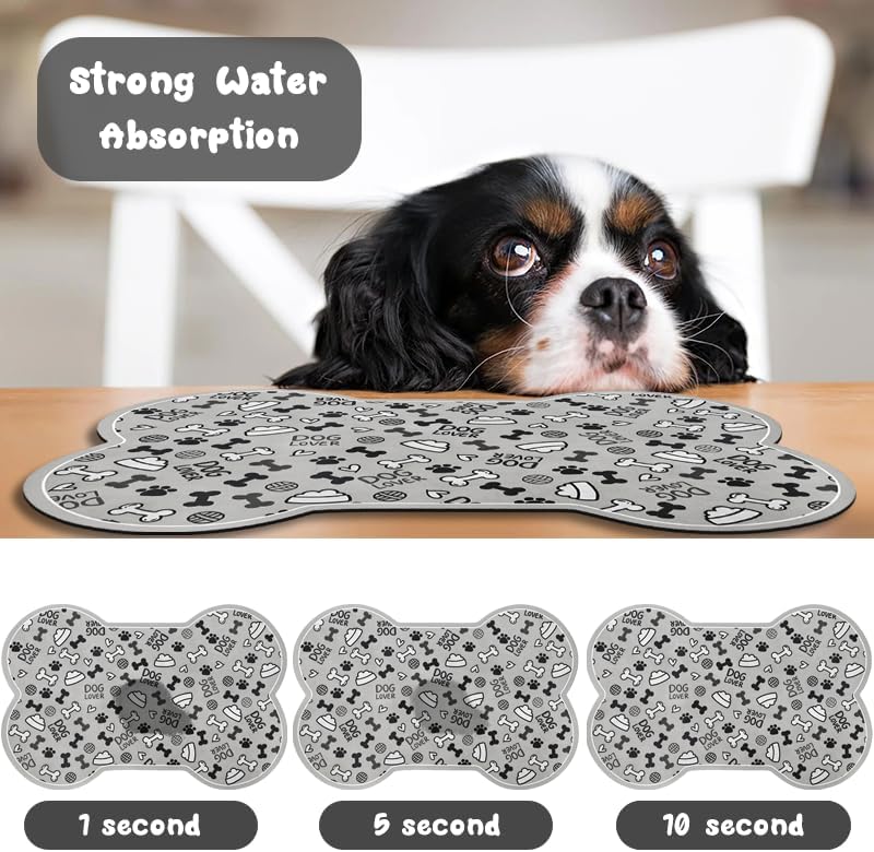 Dog Food Mats for Floors Waterproof, Pet Feeding Absorbent Water Bowl Mat Cat Placemats Gray Bone Shape 23.6 * 15.7 inch