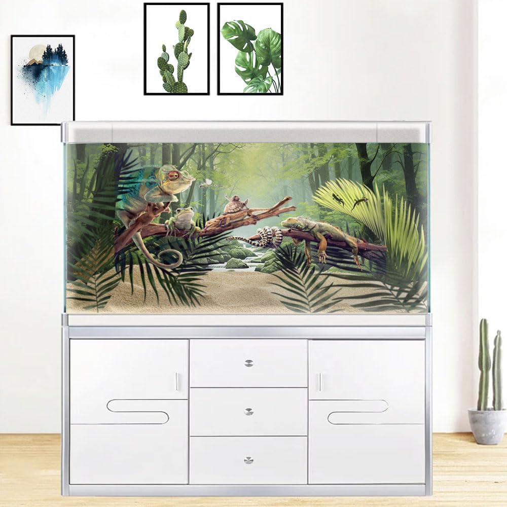 60X24IN Tropical Forest Terrarium Background, Natural Green Forest Tree Reptile Habitat Background, Misty Rainforest Aquarium Background, with 8 EVA Double-Sided Tape