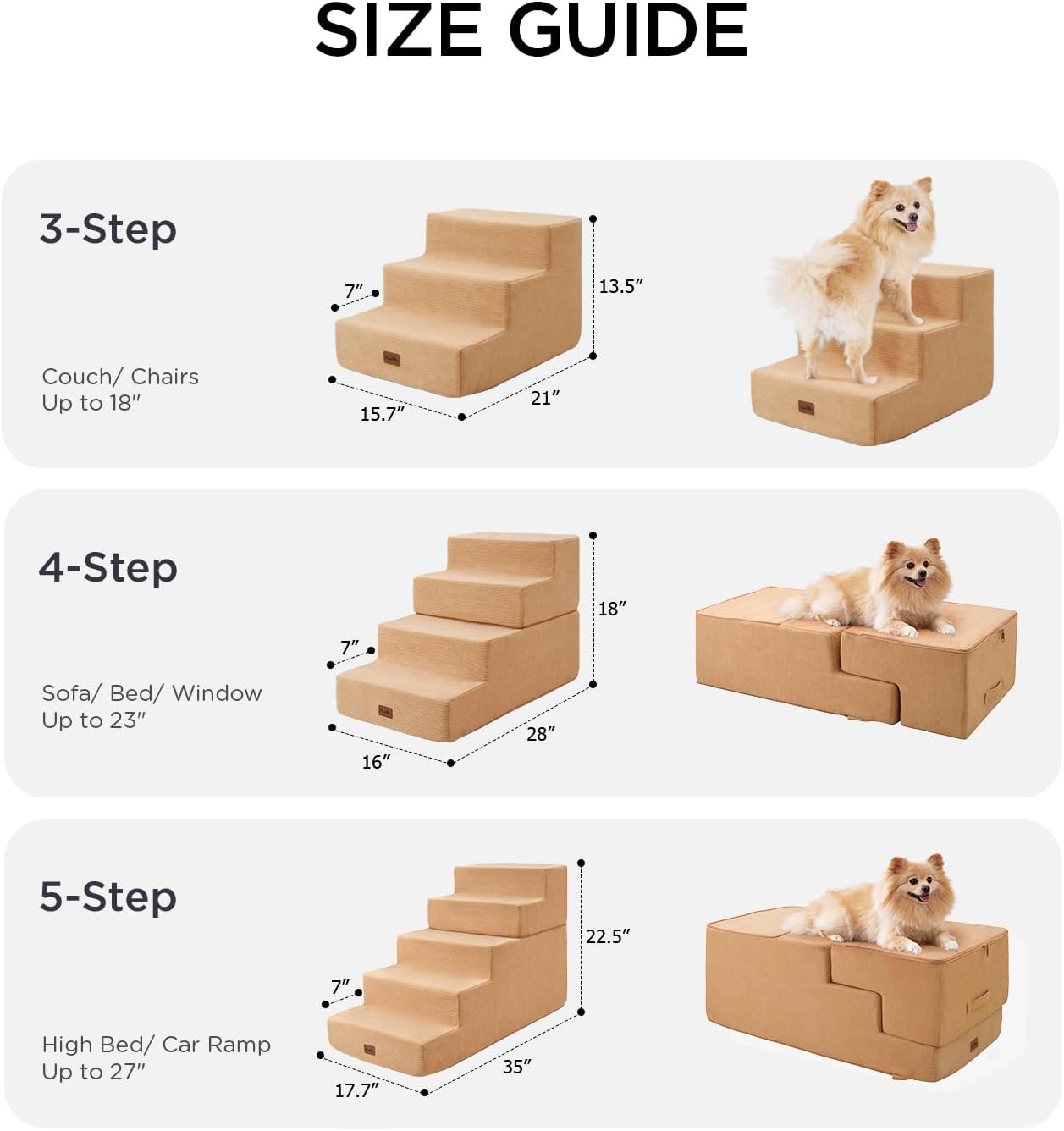 Made4Pets Dog Stairs for Small Dogs, Extra Wide Dog Steps for Bed Couch Sofa and Chair, 35D Foam Pet Steps for Small Dogs and Cats, Non-Slip Bottom Pet Stairs, Tan, 3 Steps