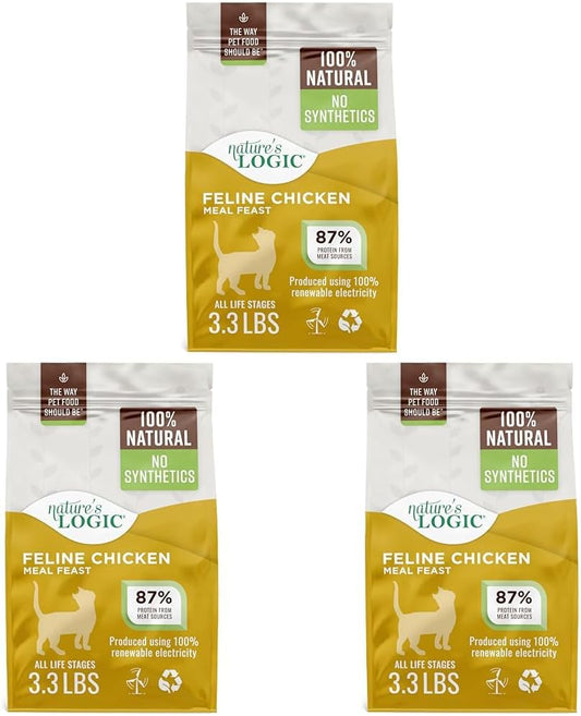 NATURE'S LOGIC Feline Chicken Meal Feast Cat Food - High-Protein Dry Food for Cats, 100% Natural Nutrition with Probiotics & Prebiotics - All Life Stages - Chicken, 3.3lbs (Pack of 3)