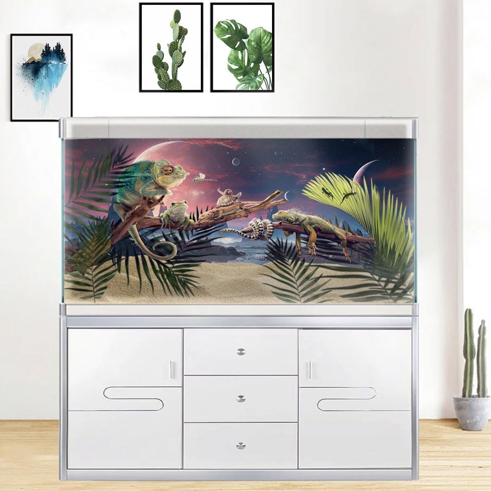 30X12IN Cosmic Spaceterrarium Background, Cool Parallel Space Themed Aquarium Reptile Habitat Background, Red Moon Aquarium Background with 10EVA Double-Sided Tape