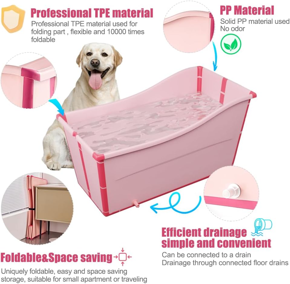 Portable Dog Bathtub for Large Dogs - 48.4Gal Foldable Pet Wash Station with Drain Plug, Insulated & Non-Slip Design for Indoor/Outdoor Bathing, Grooming, Camping（Pink）