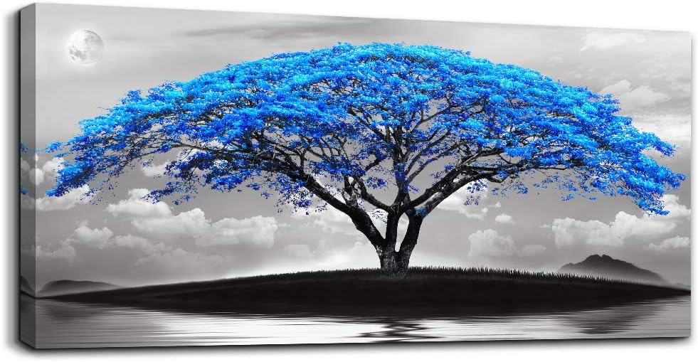 canvas wall art for living room bathroom Wall Decor Black and white landscape Blue tree moon painting to Hang Home Decorations for office bedroom kitchen Works canvas Prints pictures 24" x 48"inch
