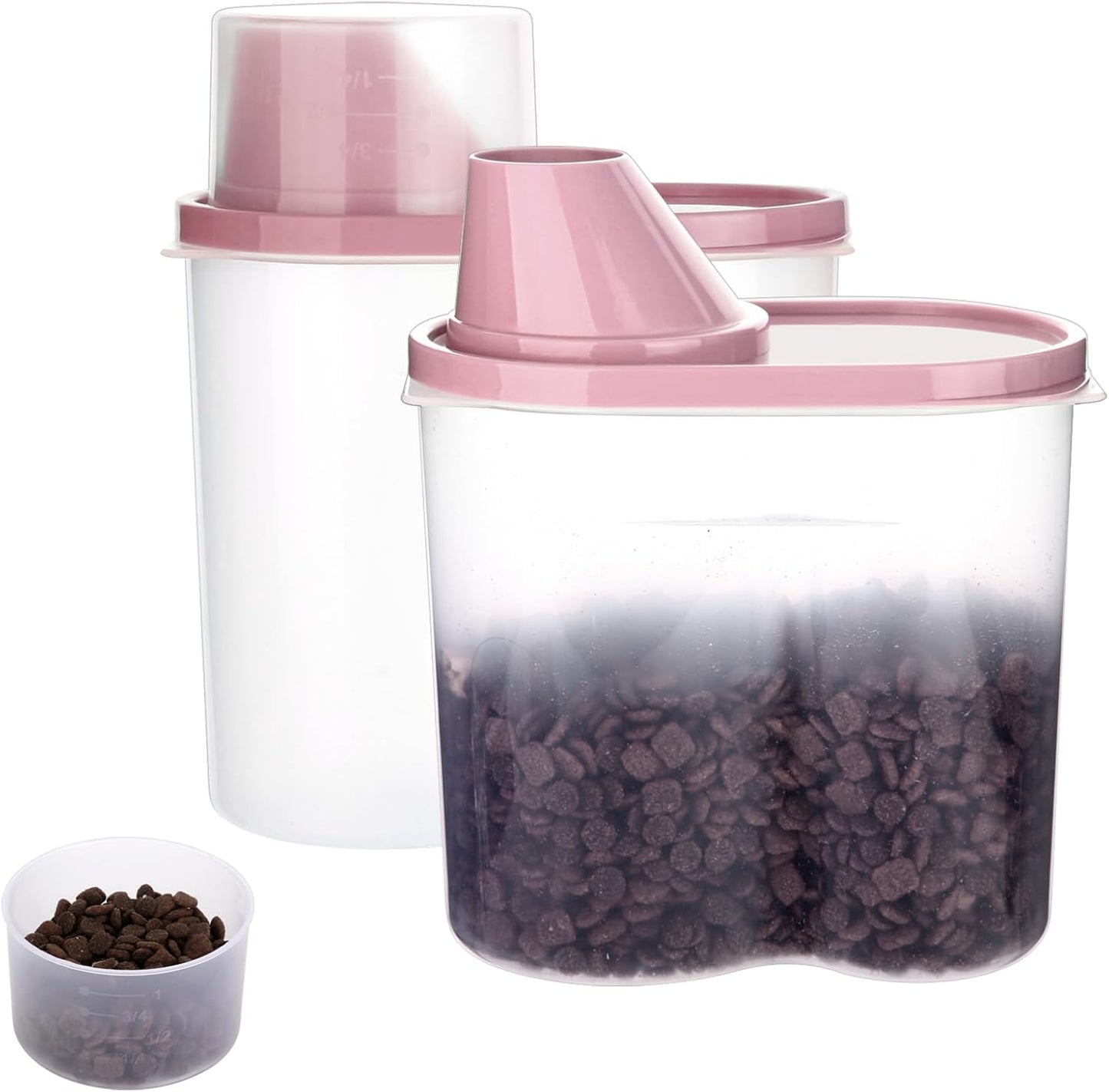 GreenJoy 2 Pack 2lb/2.5L Pet Food Storage Container with Measuring Cup, Can Covers and Bowl for Small Dog, Cat, Waterproof-BPA Free (Pink 1.8L)