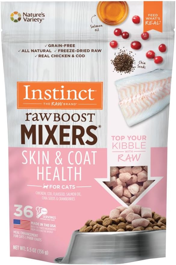 Instinct Raw Boost Mixers, Freeze Dried Cat Food Toppers with Functional Ingredients, Grain Free, Real Chicken - Skin & Coat Health, 5.5 oz Bag