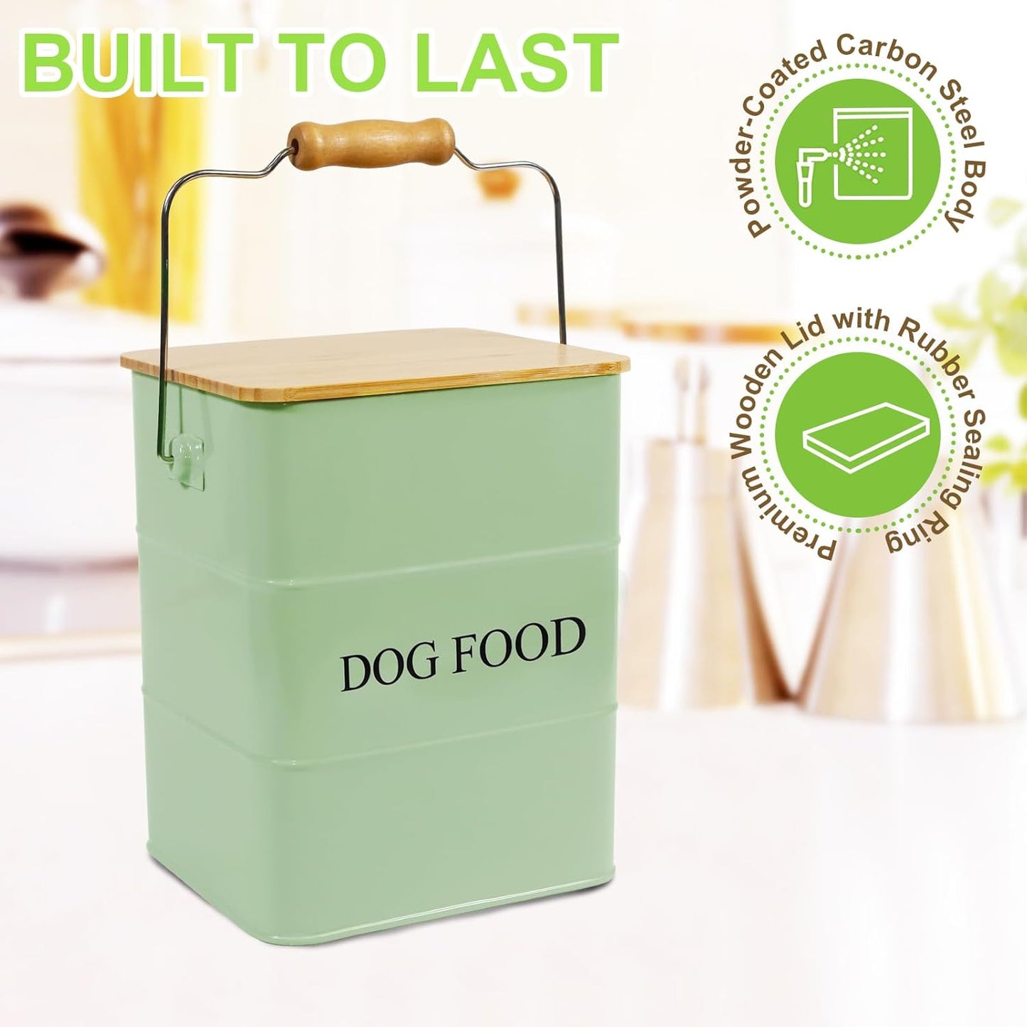 Dog Food storage container Dog Treats Jar,5~6 lb Metal food treats tin for Dog, pet snacks Canisters with wooden lid/handle/sevice scoop-Green
