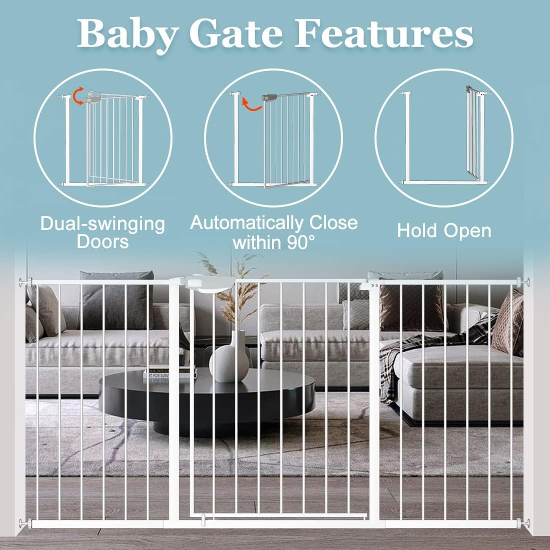 WAOWAO Triple Lock Baby Gate Extra Wide 44.48-48.42" Pressure Mounted Walk Through Swing Auto Close Safety White Metal Child Kids Dog Pet Puppy for Stairs,Doorways