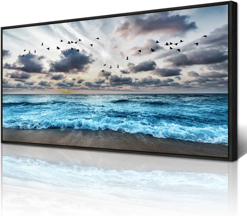 Wapluam Black And White Beach Wall Painting Black Framed Canvas Wall Art For Living Room Wall Decoration For Bedroom Office Wall Decor Blue Sea Wave Pictures Artwork Modern Hotel Room Home Wall Art