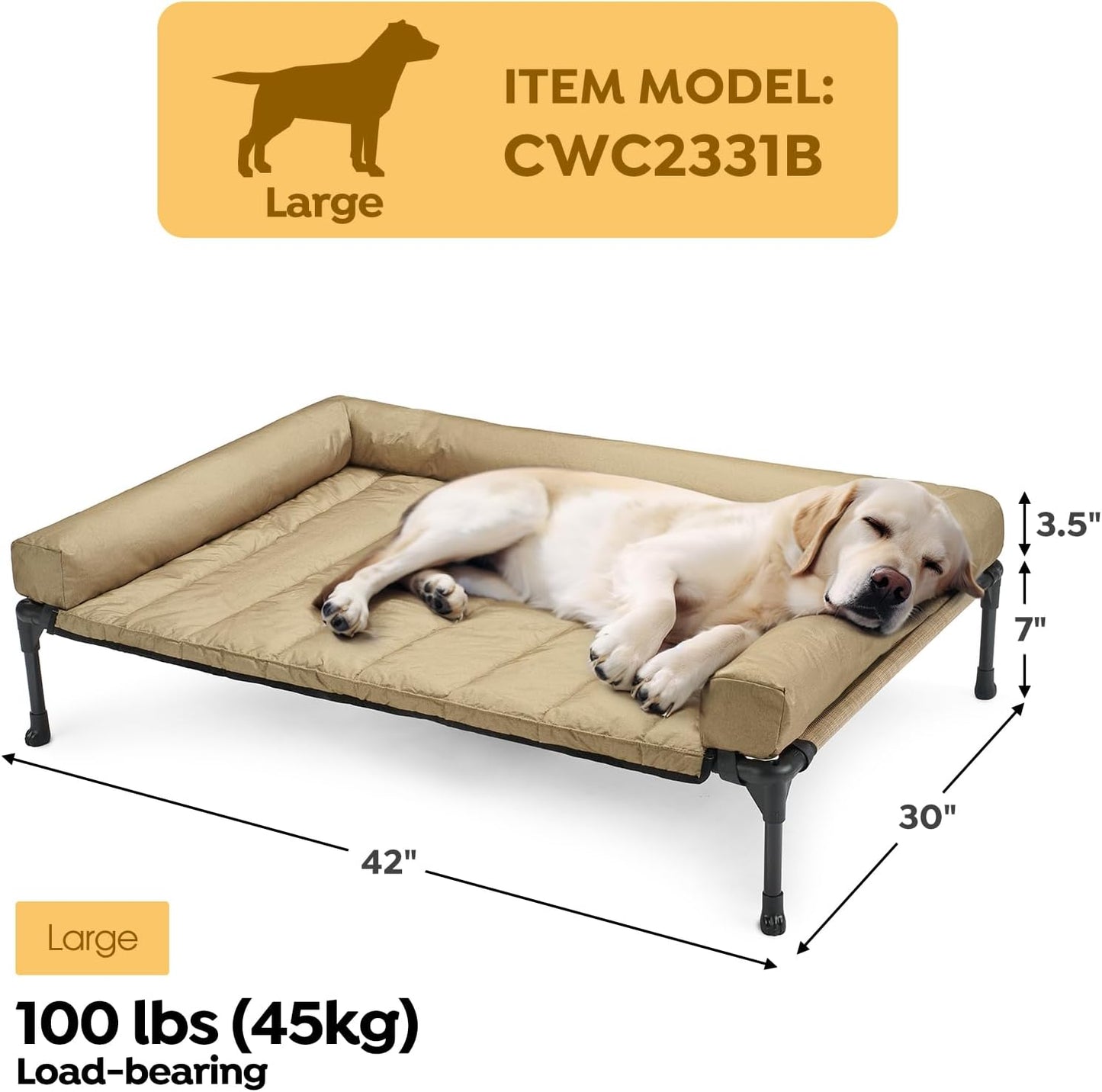 Veehoo Cooling Elevated Dog Bed Add Removable Waterproof Bolster Cushion Mat, Raised Pet Cot with Breathable Teslin Mesh, No-Slip Feet, Dog Couch Bed for Indoor Outdoor, 42x30inches, Beige, CWC2331B