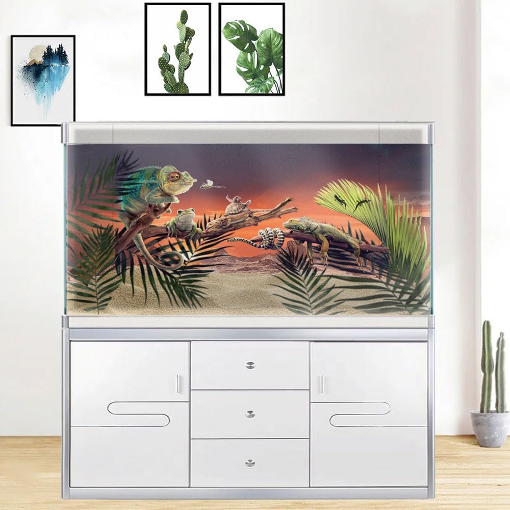 30X18IN Sun and Desert Moon Themed Reptile Habitat on Orange Durable Decorative Background, Terrarium Background with 10EVA Double-Sided Tape