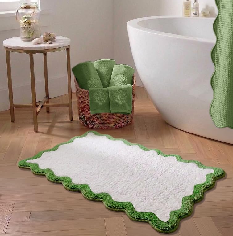 Cute Green Scalloped Bathroom Mat, Fun Plush Luxury Microfiber Bath Rug by Casasphere