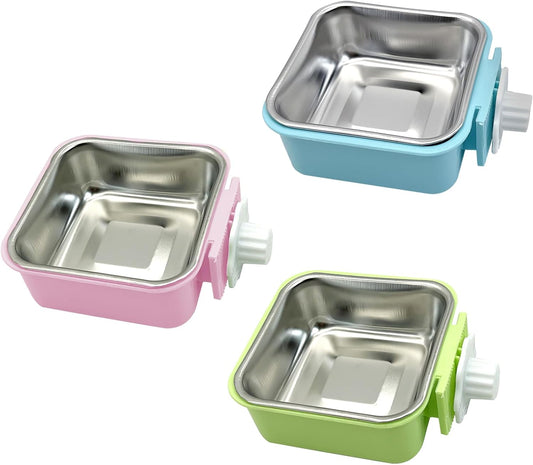 kathson Crate Dog Bowl, Removable Stainless Steel Hanging Pet Kennel Cage Bowl Food & Water Feeder Coop Cup for Puppy, Cat, Rabbit,Guinea Pigs 3pcs Square(Blue,Green,Pink)