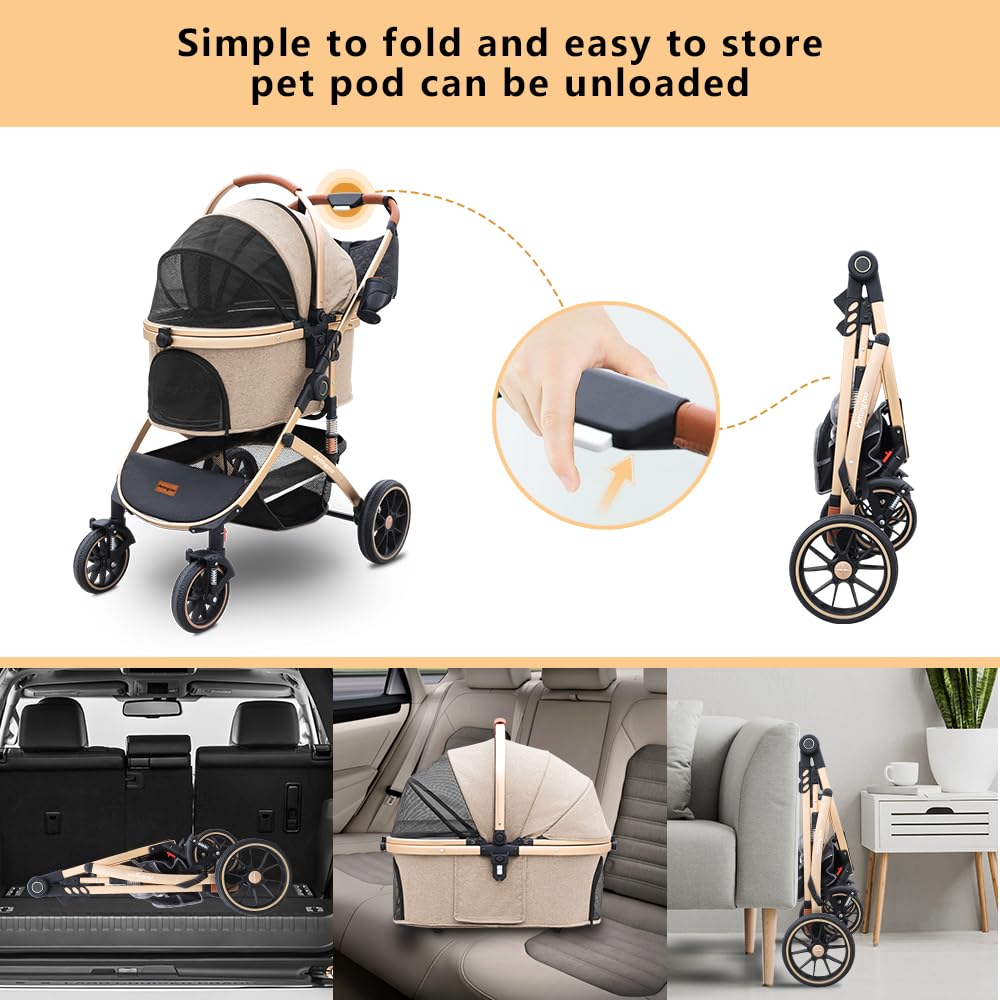 Pettingzoo Dog stroller with 4 Wheels, Folding Cat Stroller for Small/Medium/Large dogs & cats to 60 lbs, pet stroller with removable carrier, Storage BasketCup Holder,3 in1 Multifunctional Detachable