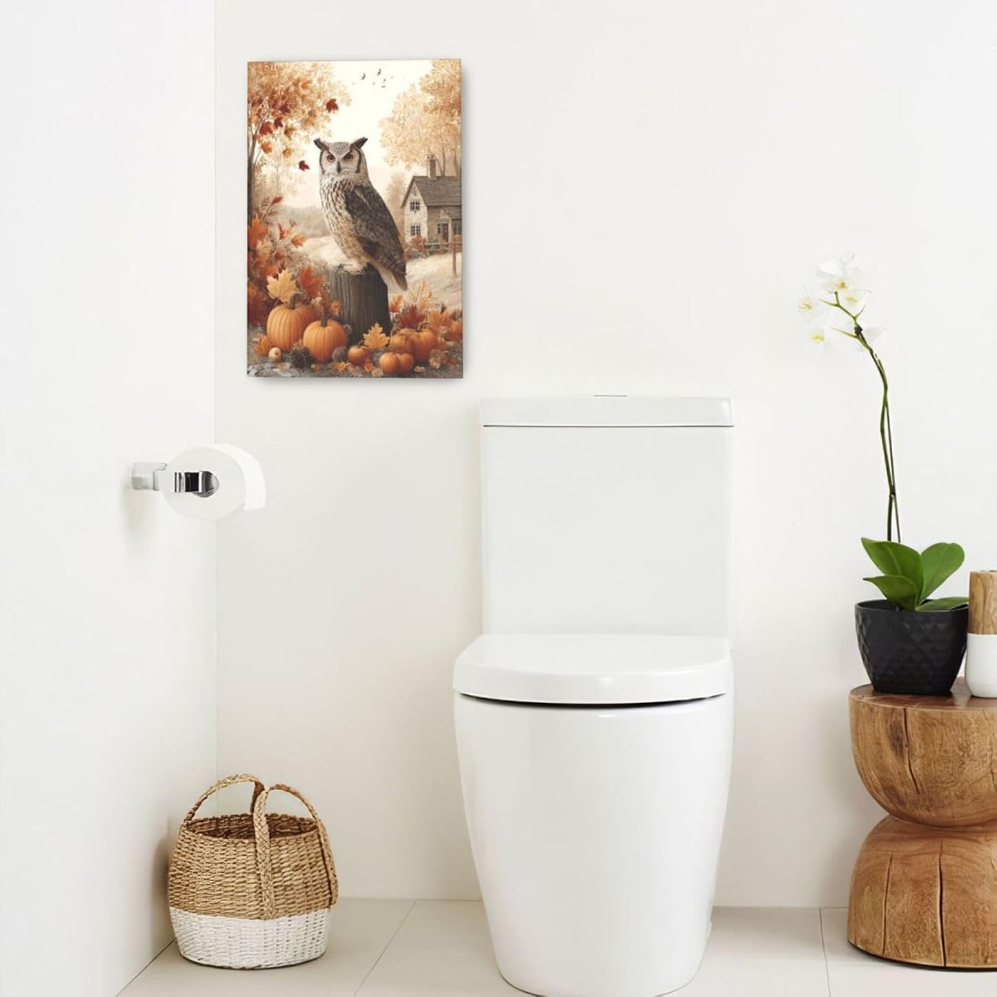 Fall Owl Wall Art Autumn Pumpkin Leaves Wall Decor Rustic Canvas Print Farmhouse Pictures Painting Print Framed Artwork Decorations Gifts for Living Room Bathroom Bedroom Office 16"x24"