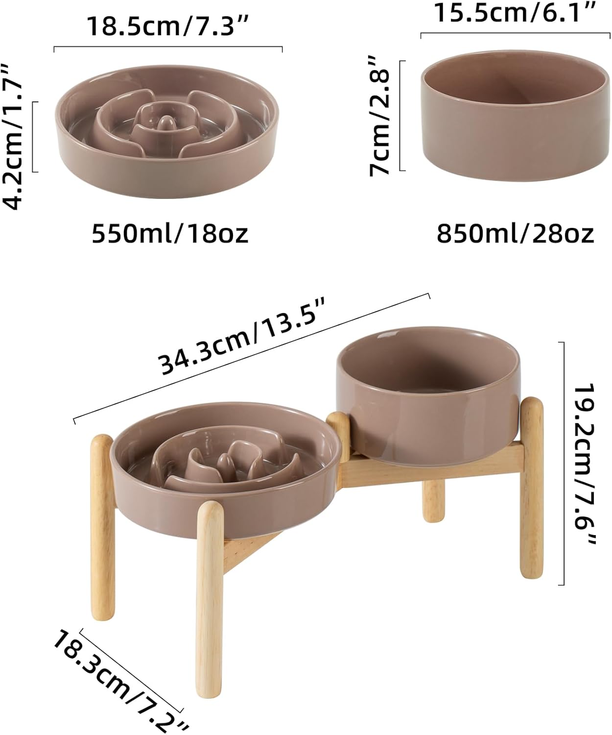 Ceramic Raised Slow Feeder Dog Bowl Set, Elevated 6.1inch Bowl and 7.3inch Puzzle Slow Food Dish with Wooden Stand for Small and Medium Dog, Anti-Gulping (2X Brown Coffee+ Stand)