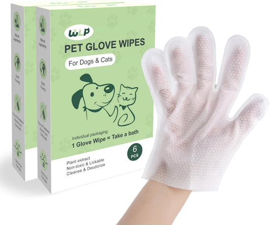 WLP Pet Glove Wipes for Dogs & Cats, Cleaning Deodorizing Hypoallergenic Hydrating Grooming Wipes, Individually Wrapped, Enriched with Aloe & Jojoba Oil for Daily Care, Traveling (12 PCS)