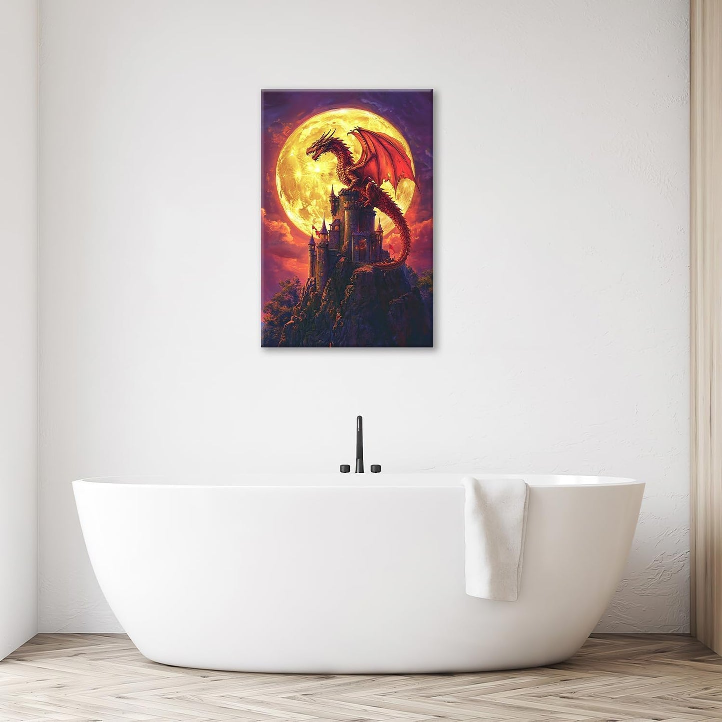 Dragon Bathroom Pictures Wall Art, Red Dragon Castle Bathroom Wall Decor, Framed Painting Canvas Artwork for Bedroom Living Room Decorations 24"L x 16"W