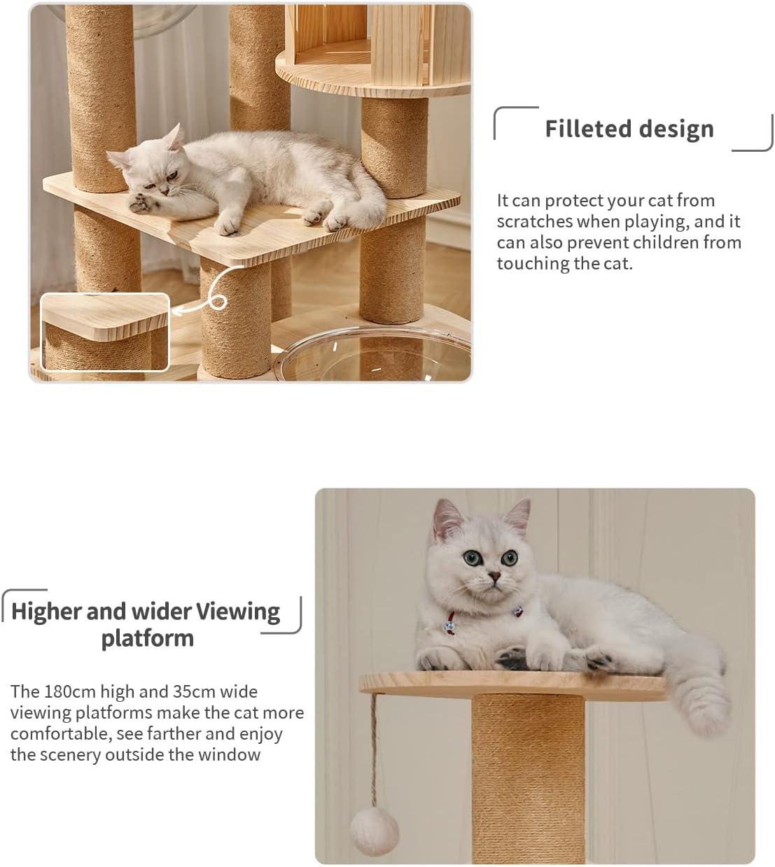 Modern Multi-Level Large Real Solid Wood Cat Tree, Luxury Wooden Cat Tower Cat Condo with Multi-Layer Platform for Indoor Cats
