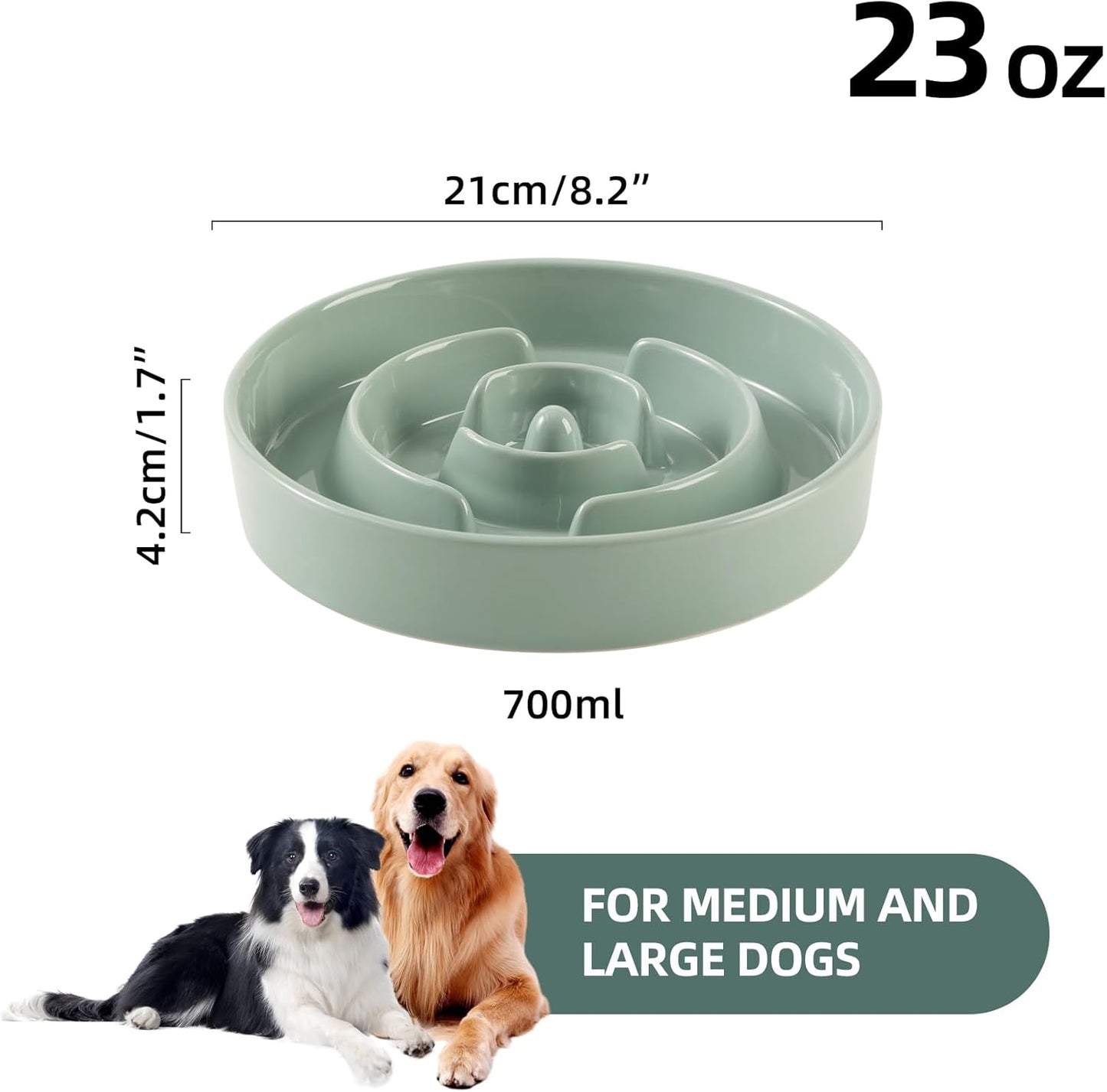 8.2inch Ceramic Slow Feeder Dog Bowl for Medium and Large Breed, Puzzle Dog Food Dish, Anti-Gulping, Pet Slow Feeder, Stop Bloat, Preventing Choking (Single Bowl-Light Green)