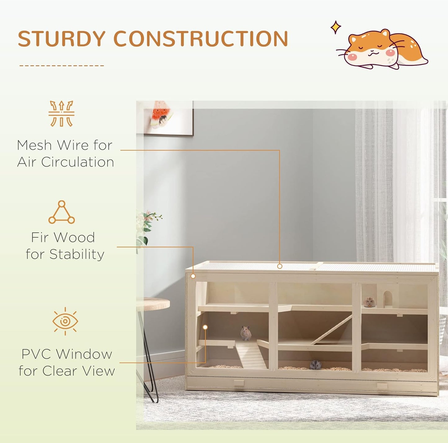 PawHut 45" Extra Large Wooden Hamster Cage, 3-Layer Chewproof Rat Cage with Opening Roof, Hut, Ramps, for Gerbil, Dwarf & Syrian Hamsters, Natural