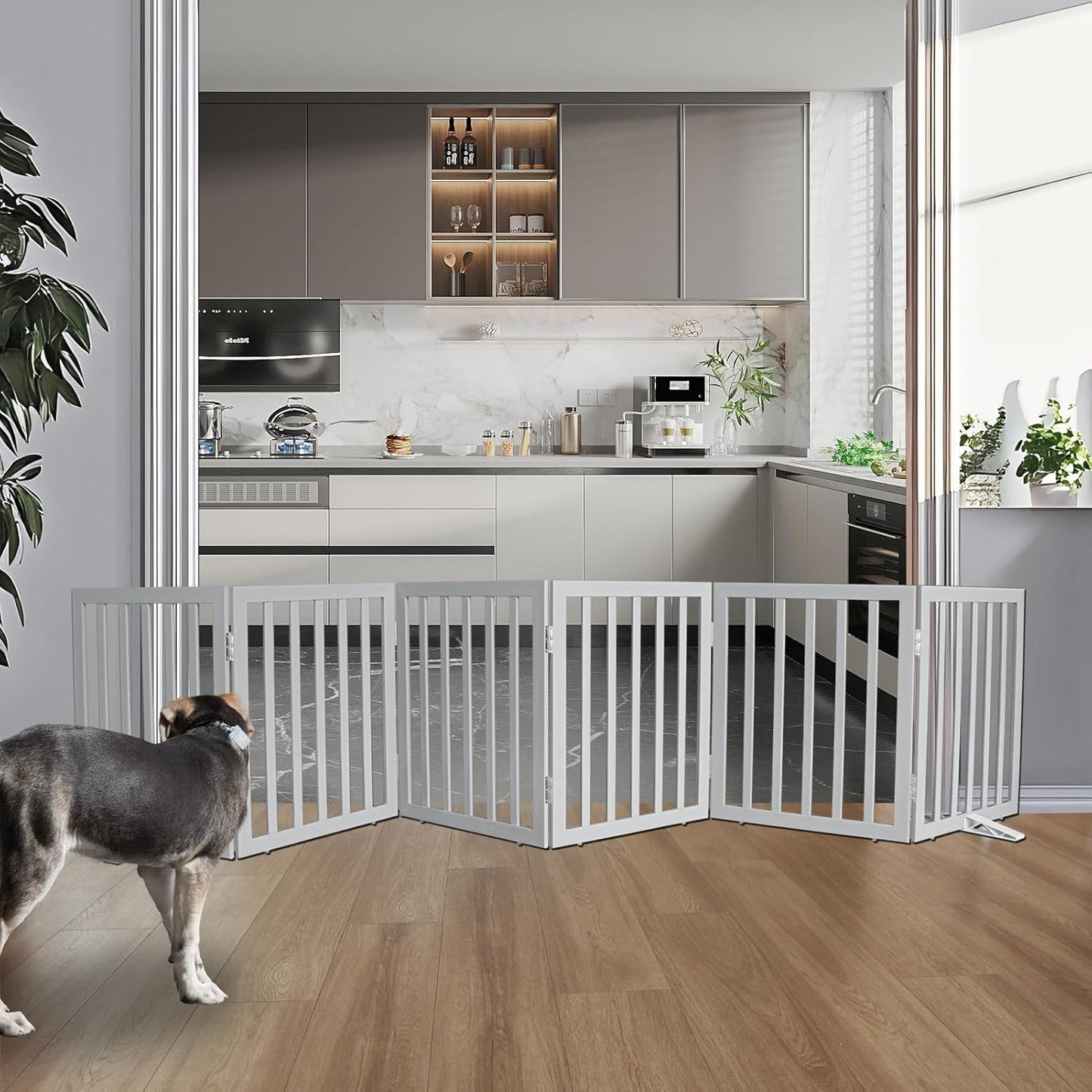 ZJSF Freestanding Indoor Dog Gate for House Foldable Wood Puppy Gate for Doorways Pet Gate for Stairs Extra Wide Pet Fence, Grey, 24" Height 6 Panels
