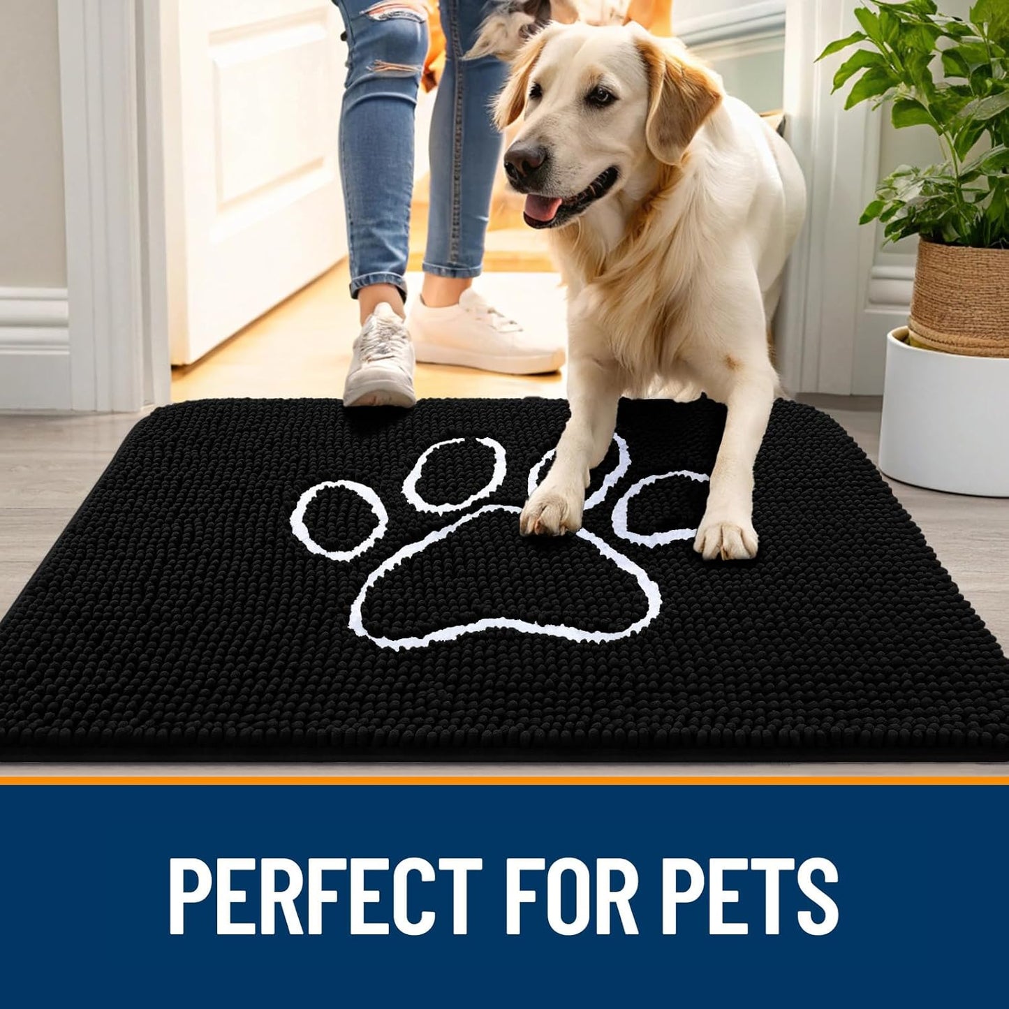 OLANLY Door Mat for Muddy Dog Paws 59x24, Ultra Absorbent Chenille Mud Doormat with Paw Print Design, Non-Slip Washable Doormat for Indoor Entryway, Quick-Dry Pet Bed Mats for Dirty Dogs, Black
