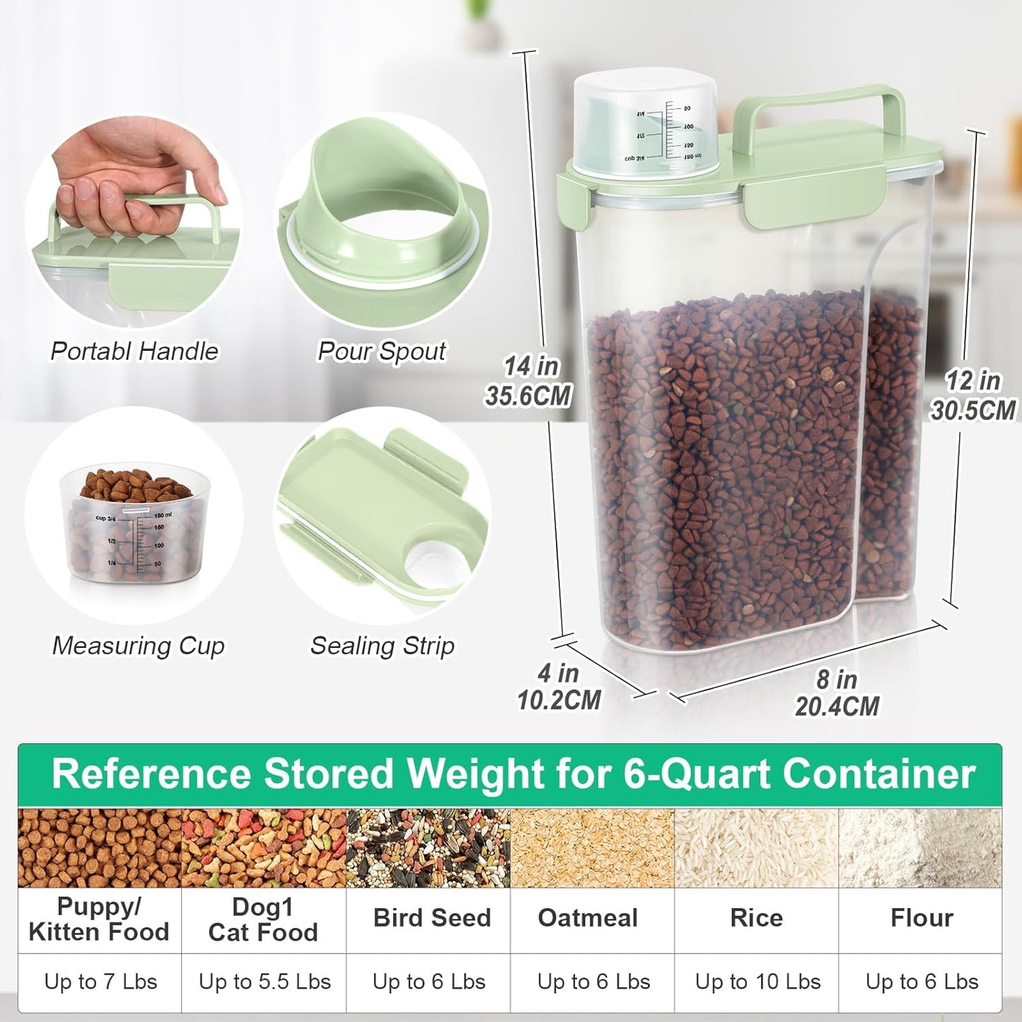 TBMax Cat Dog Food Storage Container 5 to 7 lbs, Secondary Pet Food Storage Beyond a Large Dog Food Bin for Daily Use, Easy-Pouring Bird Seed Dispenser, Travel Kibble Container for Outdoor-Light Green