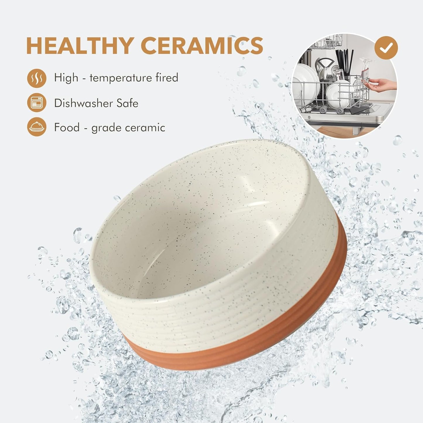 Ceramic 5.1inch Raised Dog and Cat Bowl Set, 2 Heights Elevated Wooden Stand for Puppy, Kitty, Cats, Weighted Pet Food and Water Dishes(5.1'',13.5oz, Vanilla White)