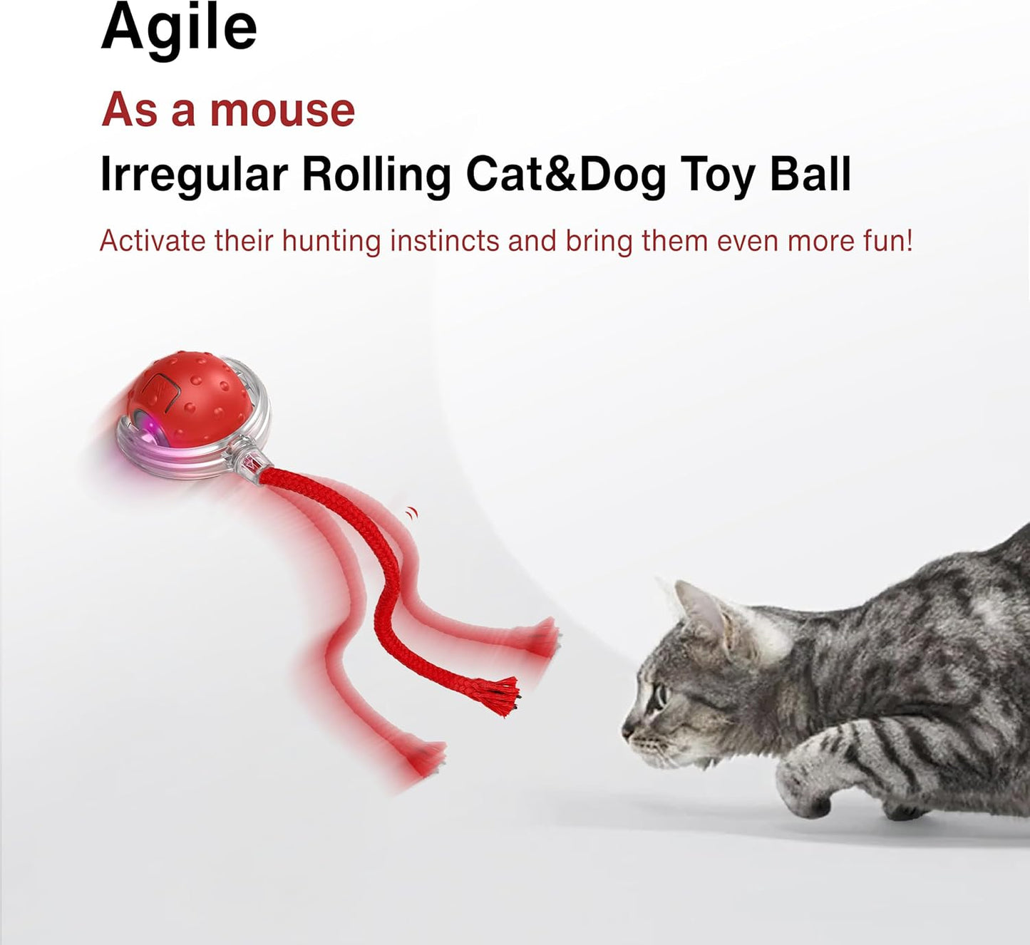 Interactive Cat Toy – Motion Activated Rolling Ball with LED Lights & 3 Play Modes & Two Different Tails - Best Toy for Indoor Cats & Kittens to Stay Active and Stimulate Hunting Instinct (Red)