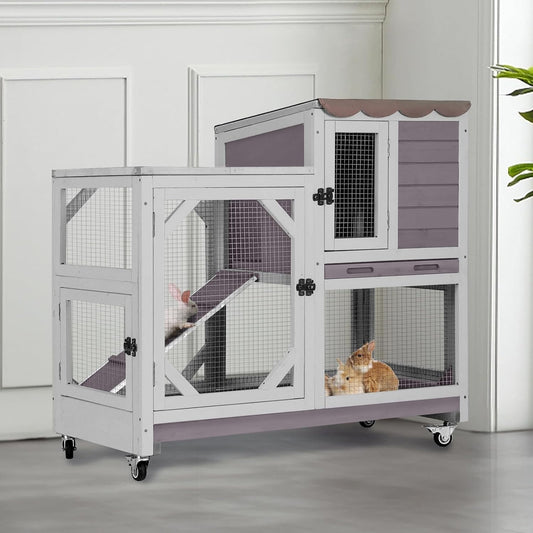 AIVITUVIN 2-Story Rabbit Hutch Indoor for 2-4 Rabbits & Guinea Pigs Wooden Small Animal Cage Guinea with Chew-Proof Design & Slide-Out Trays Bunny Cage with Lockable Wheels