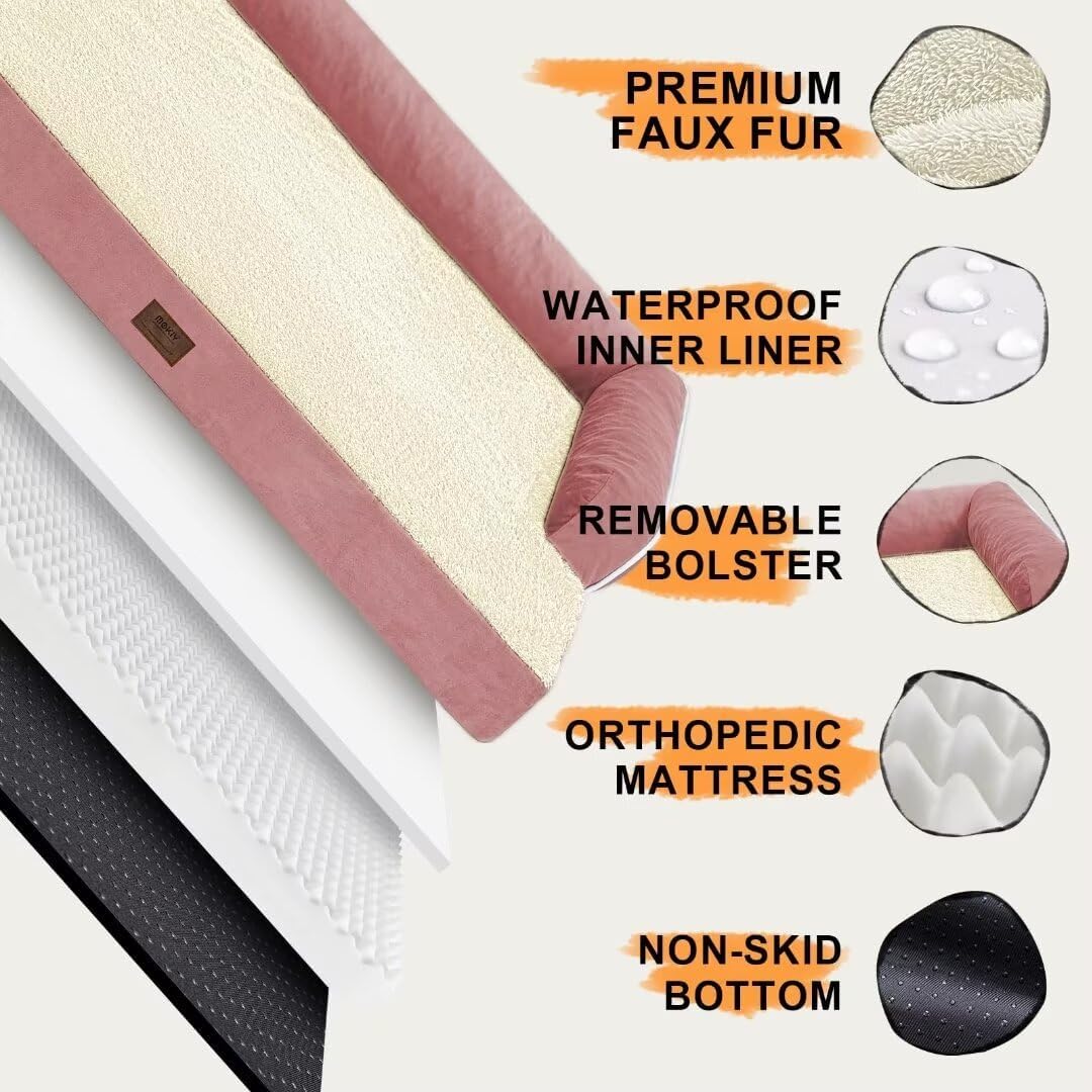 Orthopedic Washable Large Dog Bed, Pink Dog Beds with Removable Cover, Large XXXL Pet Dogs with Bolster, Washable Dogs Beds Sofa with Orthopedic Egg Foam for Medium Large Pet