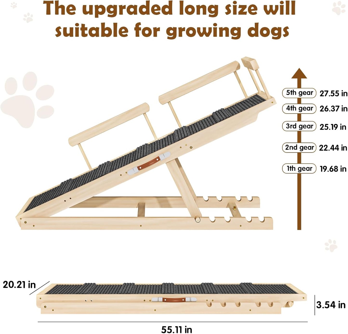 Dog Ramp for Couch, Bed or Car, Wooden 55" Long Pet Stairs for Small & Large Old Dogs & Cats, Hold up to 250lb, 6 Adjustable Height from 19.68" to 27.55" Portable Doggie Steps, Excellent Traction