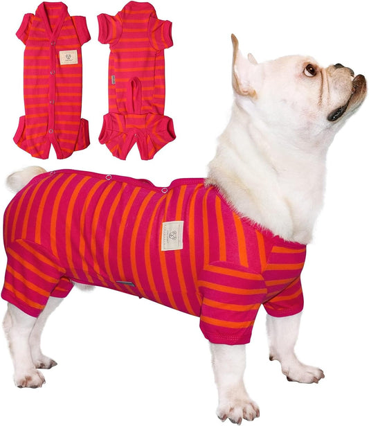 TONY HOBY Female/Male Dog Pajamas, Dog Jumpsuit 4 Legged Pajamas with Stripes, Soft Cotton for Comfortable Sleep (Rose Red&Orange, Boy, XS)