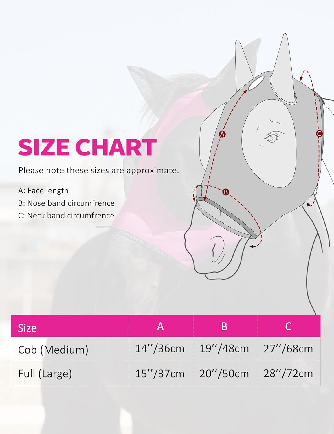 Harrison Howard Horse Fly Mask with Forelock Opening Stretch Breathable and Comfortable for Horses UV -Protection Fuchsia M