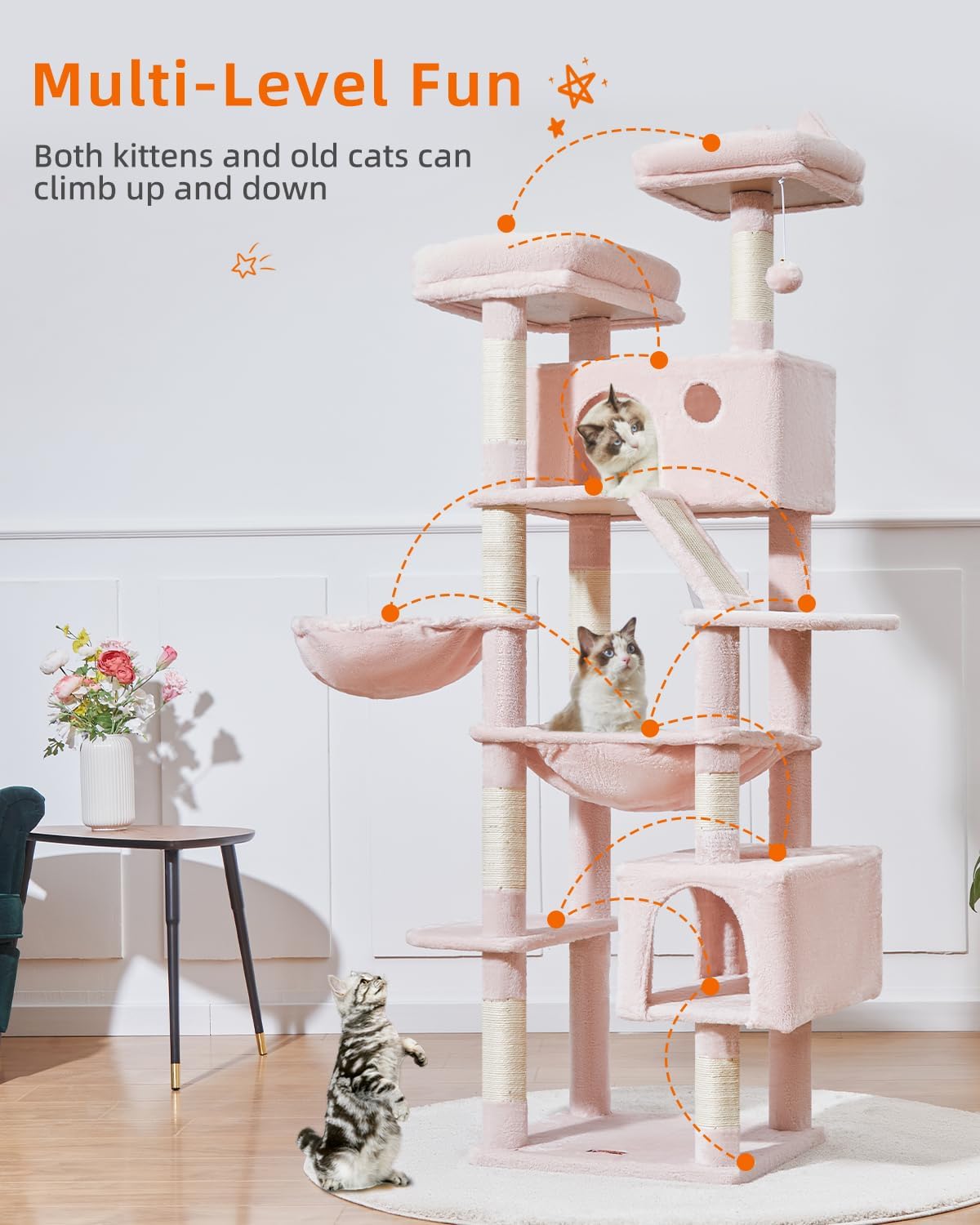 Taoqimiao Cat Tree 71-Inch, Cat Tower for Indoor Cats Large Adult, Multi-Level Large Cat Condo, 8 Sisal Scratching Posts, Metal Frame Cozy Hammock, Scratch Board, 2 Top Perches, Jelly Pink MS026LP