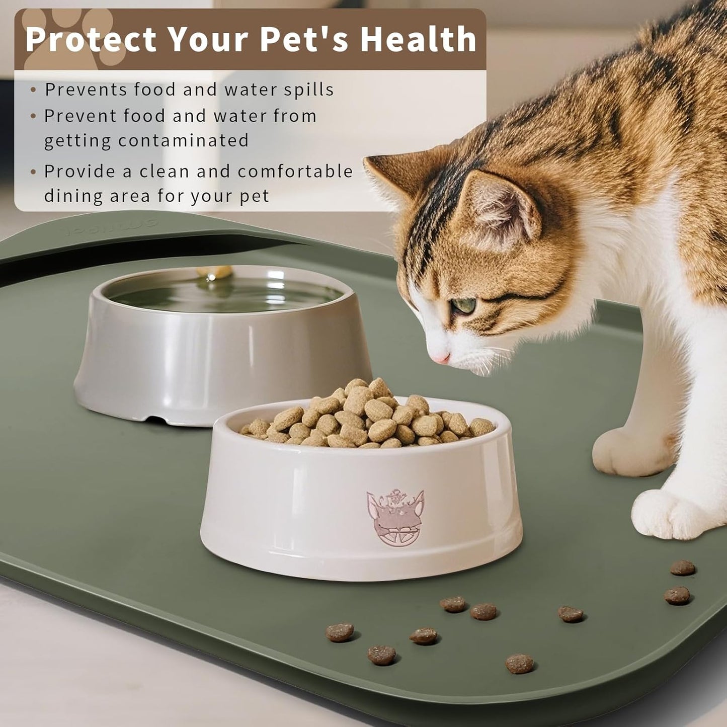 Silicone Pet Feeding Mat with Raised Edge & Residue Collection Pocket for Food and Water, Dog Bowl Mats, Cat Bowls Placemat with High Lip for Floor Waterproof, 22 x 14 x 0.8 Light Olive Green