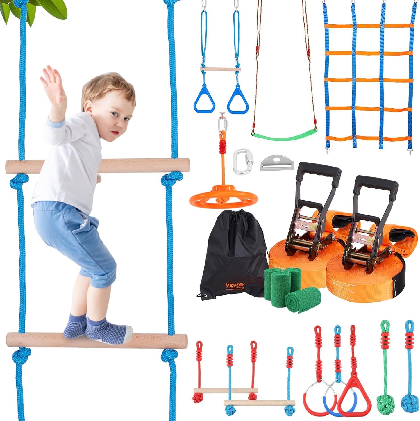 VEVOR Ninja Warrior Obstacle Course for Kids, 2 x 65 ft Weatherproof Slacklines, 500lbs Weight Capacity Monkey Line, Outdoor Playset Equipment, Backyard Toys Training Equipment Set with 12 Obstacles