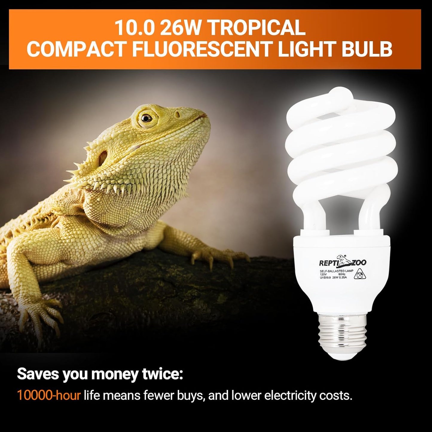 REPTI ZOO UVB Light for Desert Reptile 2 Pack, 10.0 26W UVA UVB Reptile Light Bulb, UVB Spiral Compact Lamp for Bearded Dragons Tortoises Lizards Snakes
