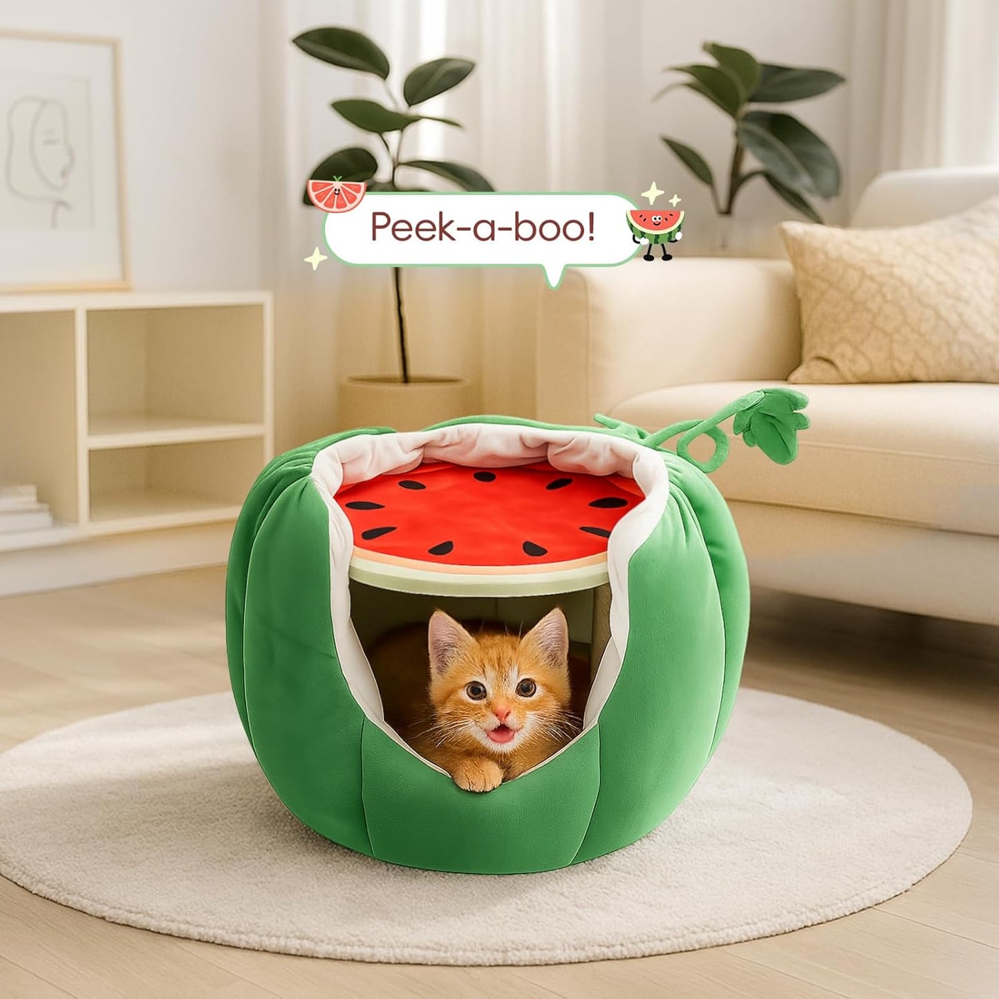 Cat Houses for Indoor Cats, Small Cat Tree with Sisal Ropes and Plush Perch, Cute Cat Bed Cave with Soft Pillow, Watermelon Design