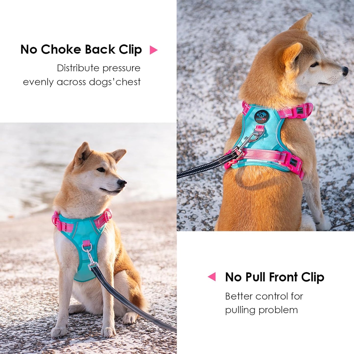 PHOEPET No Pull Dog Harness, Unique Colors Reflective Adjustable Dog Vest, with Soft Training Handle Metal Clips for Small Medium Large Dogs (Mint Green Base & Pink Straps,XL)