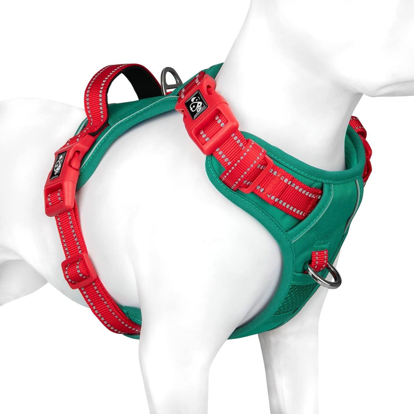 PHOEPET No Pull Dog Harness, Unique Colors Reflective Adjustable Dog Vest, with Soft Training Handle Metal Clips for Small Medium Large Dogs (Dark Green Base & Red Straps,XL)