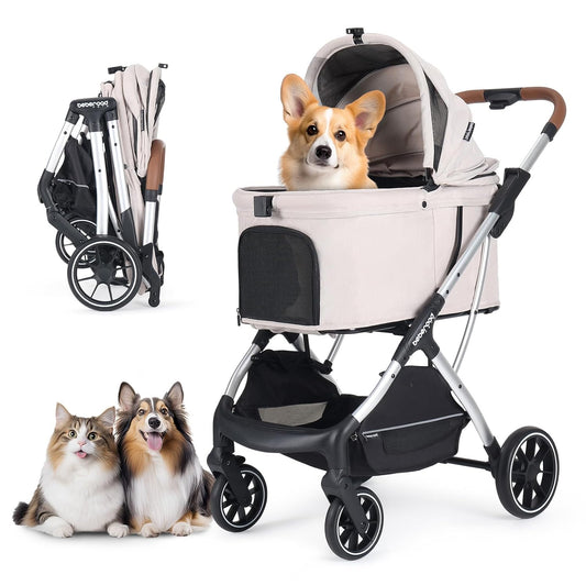 T5 Luxury Pet Stroller for Medium Dog Under 60lbs or 2 Small Dogs & Cats with 180 ̊Canopy, Sun Shades, Auto-Folding Stroller for Multiple Pets（Beige）