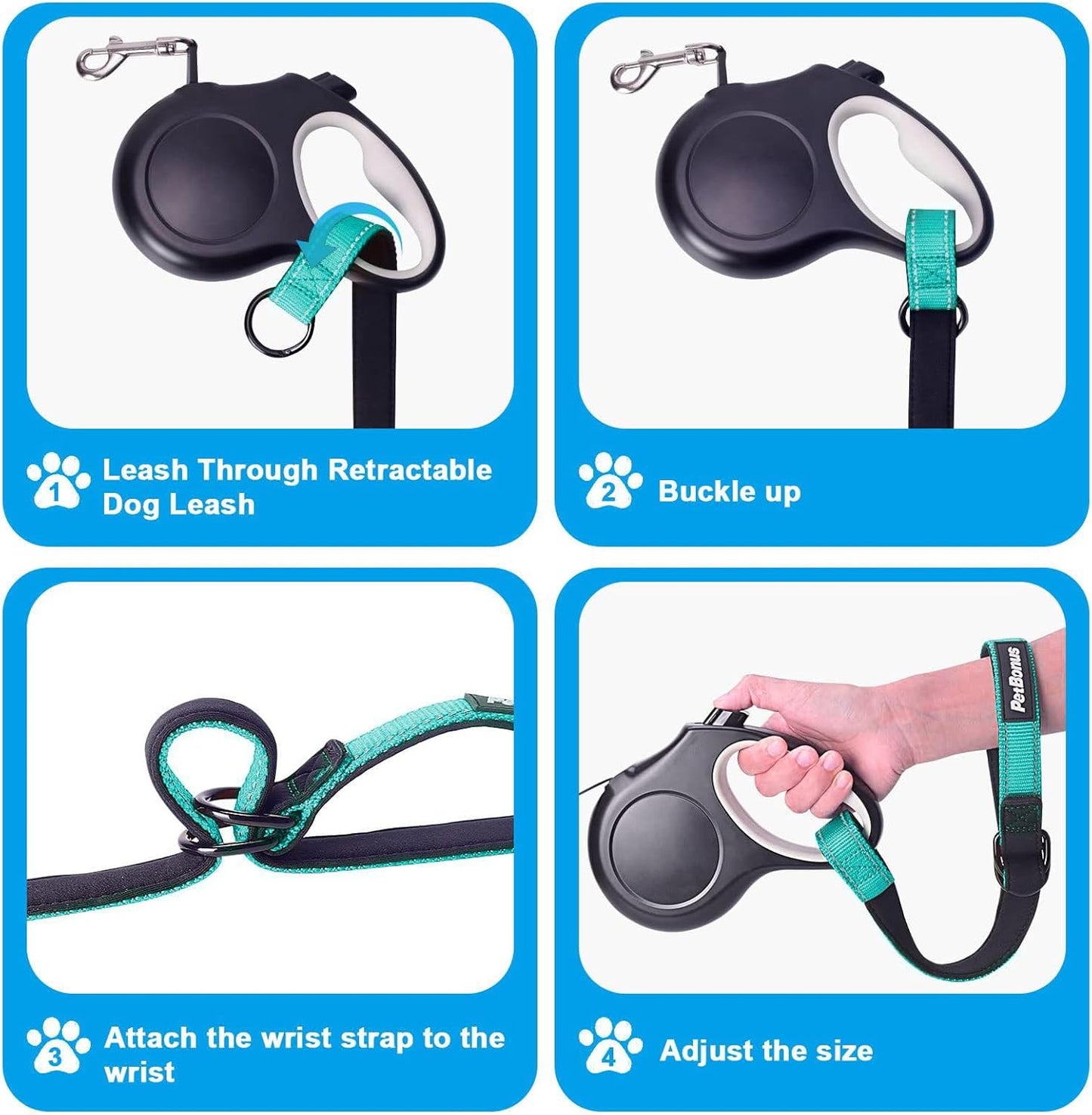 PetBonus Short Dog Leash, Safety Wrist Strap for Retractable Dog Leash, Reflective Design and Adjustable Soft Padded Handle, Extra Layer Security for Pet Stroller (Turquoise)