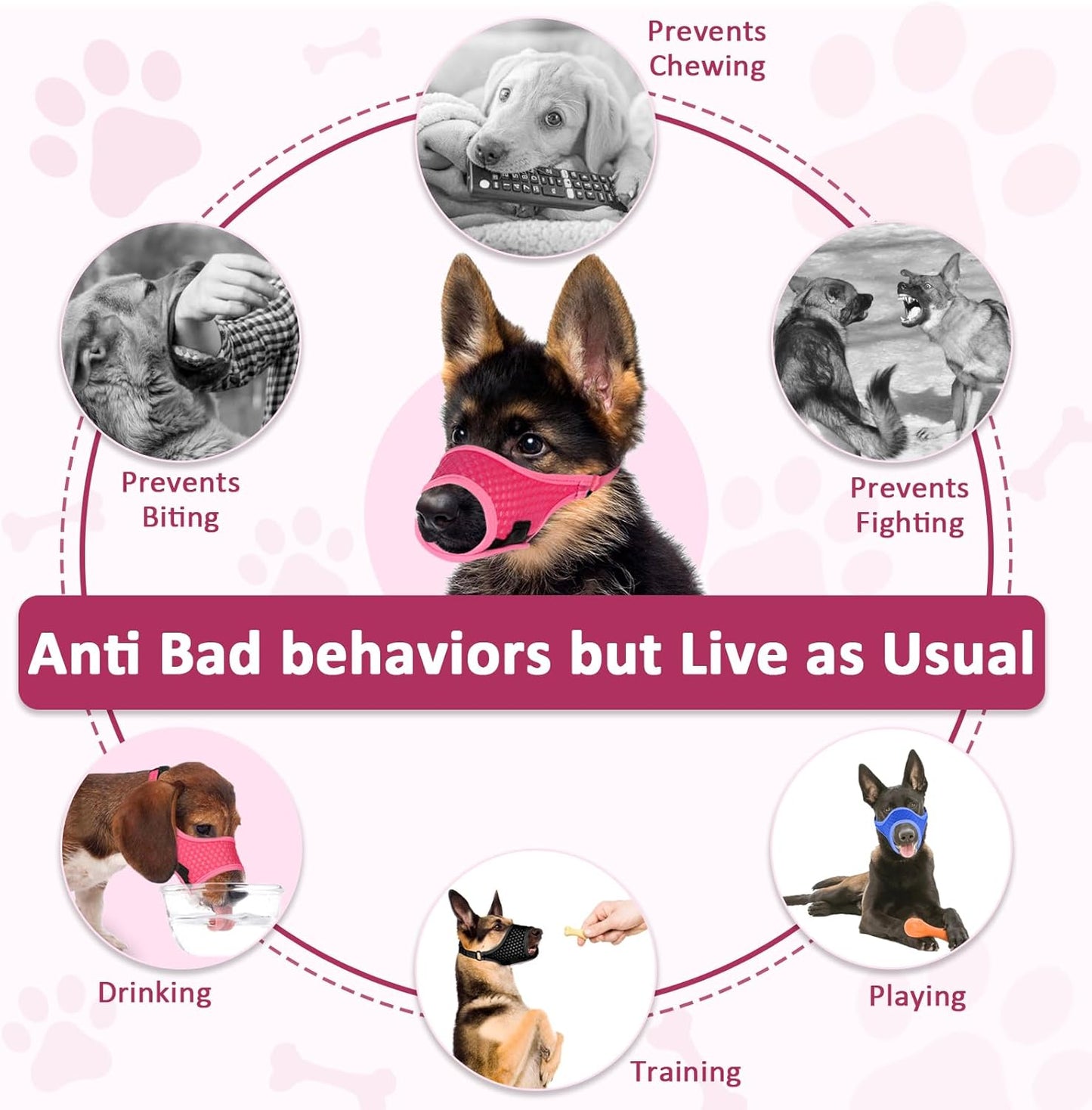 LUCKYPAW Soft Muzzle for Medium Large Sized Dogs Beagle Labrador German Shepherd, Dog Muzzle to Prevent Biting Chewing, Adjustable Breathable Mouth Guard for Grooming Walking Training(Hot Pink, L)