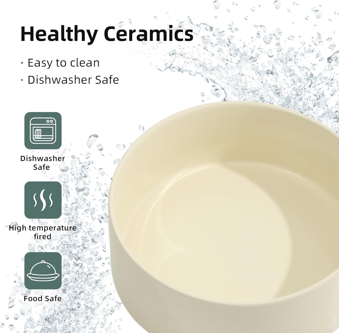 Ceramic 5.1inch Set of 2 Dog and Cat Bowls, 2pcs Anti-Slip Food and Water Feeder Dishes for Puppies, Kitties, Cats(2 Bowls, Beige)