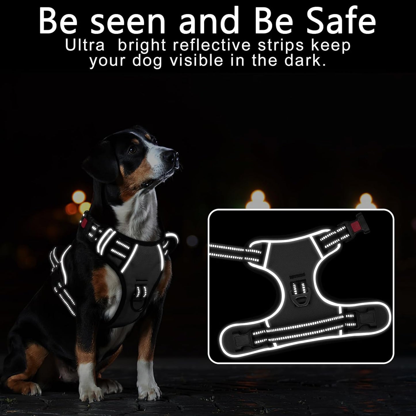 Timos Dog Harness Large Sized, No Pull with Neck Lockable Snap,No Choke Front Clip Dog Reflective Harness,Adjustable Metal Rings 3 Buckles,Easy Control Handle for Large Dogs Gray L