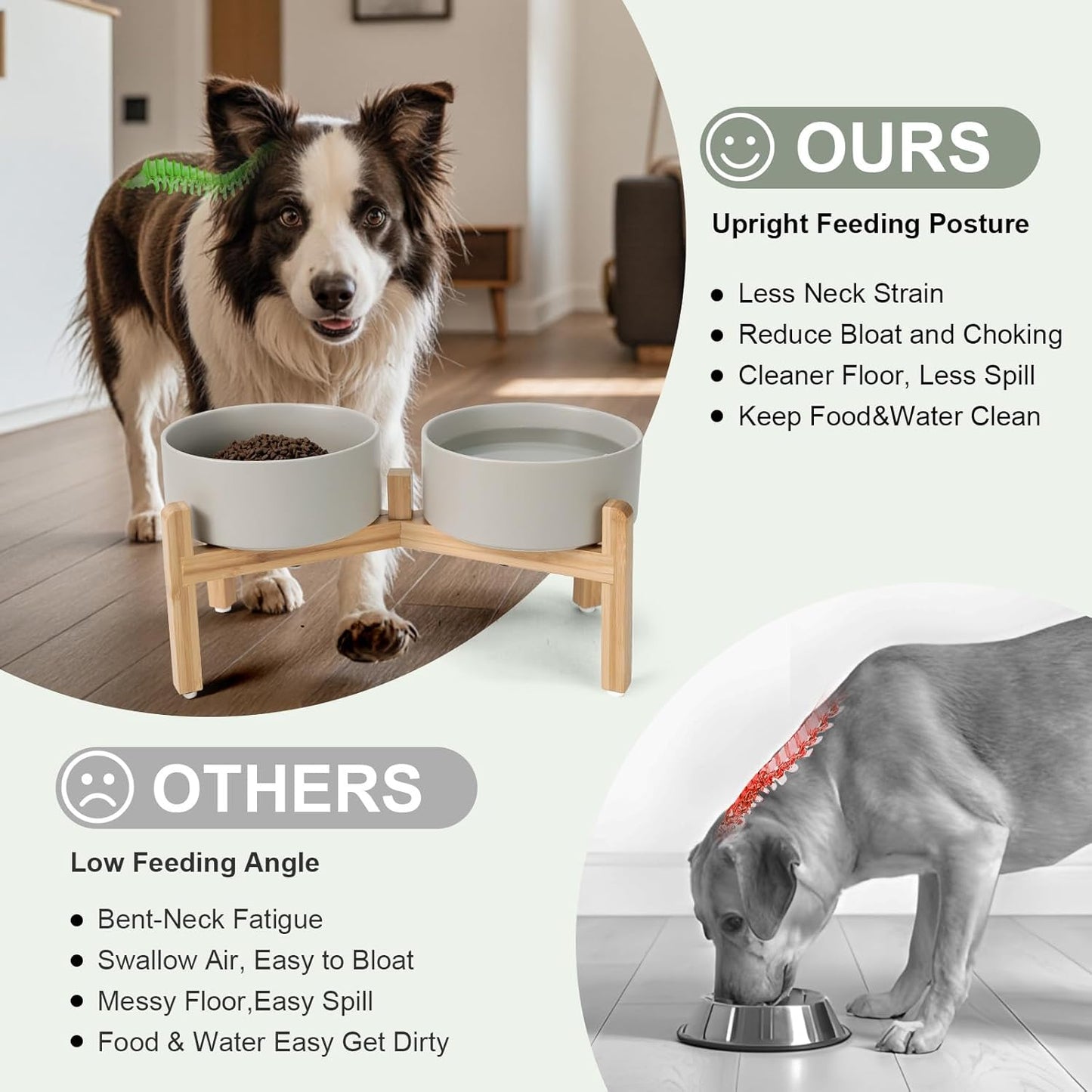 SPUNKYJUNKY Elevated Dog Bowls Ceramic, 7.3'' Dogs Food Water Bowls Raised with Non-Slip Bamboo Stand for Medium to Large Sized Breed Microwave Dishwasher Safe - 42 OZ,Grey